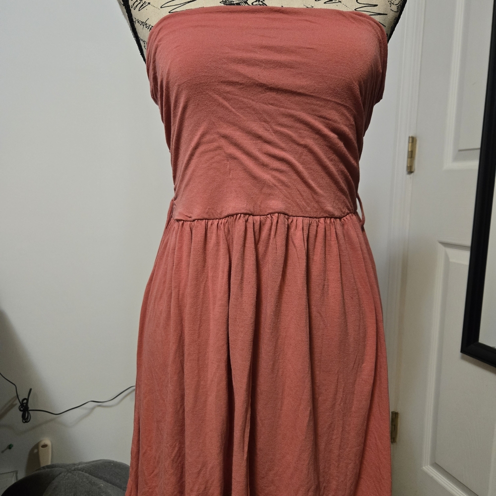 Strapless Coral Midi Dress - Sleeveless Summer Dress